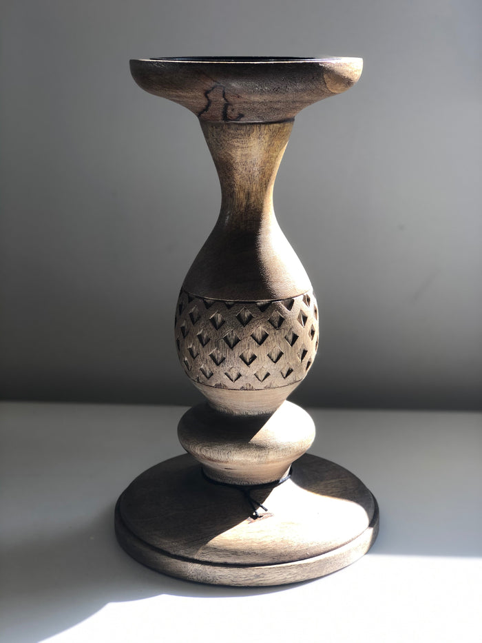 Leo Carved Wood Candle Holder