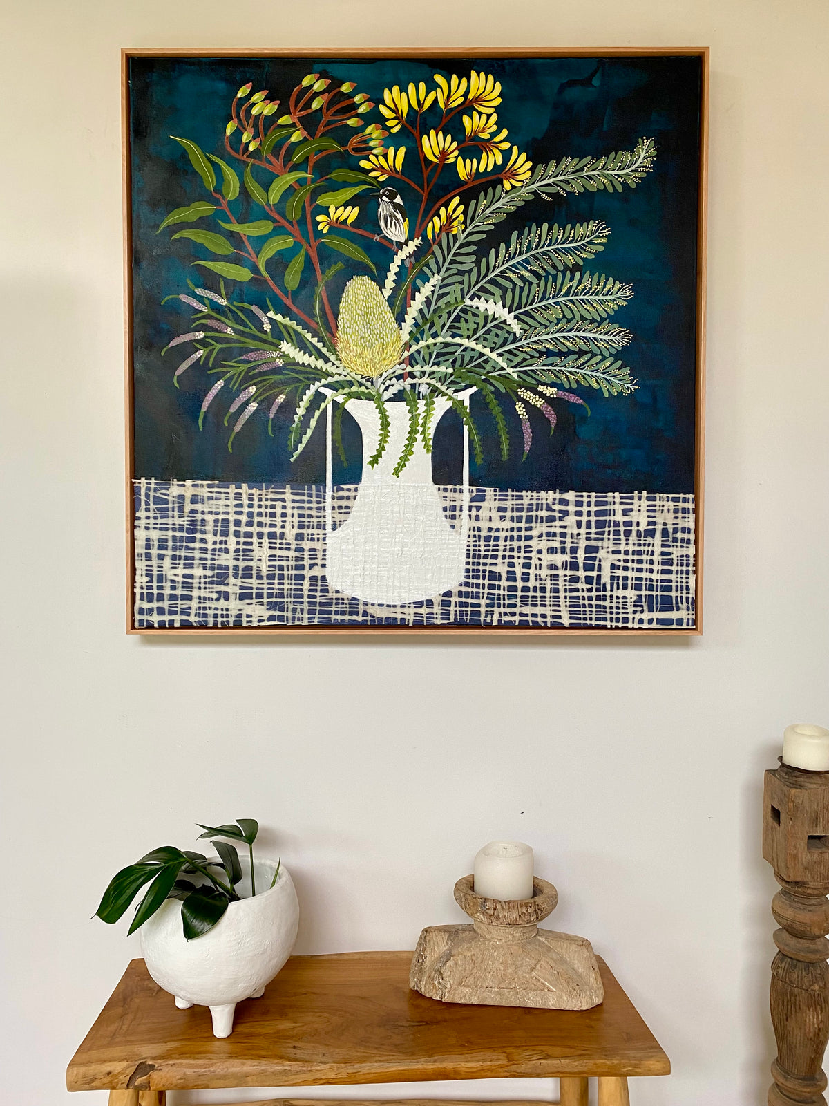 White Vase with Natives and Honeyeater