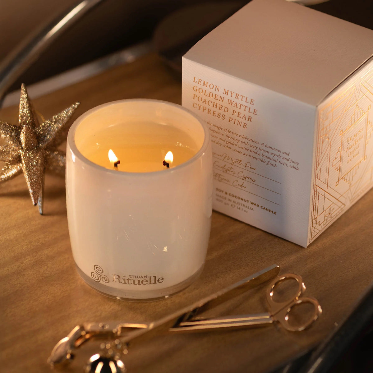 Lemon Myrtle, Golden Wattle, Poached Pear, Cypress Pine Scented Soy Candle | 400gm