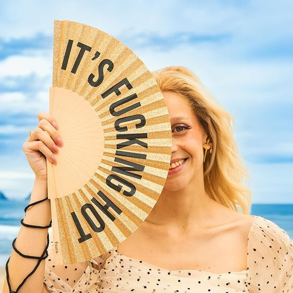 Gold Glitter hand Fan 'Its fucking hot’