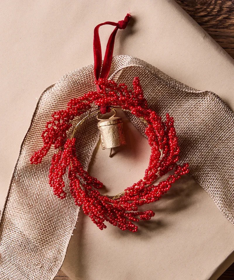 Hanging Beaded Ring with Bell Red
