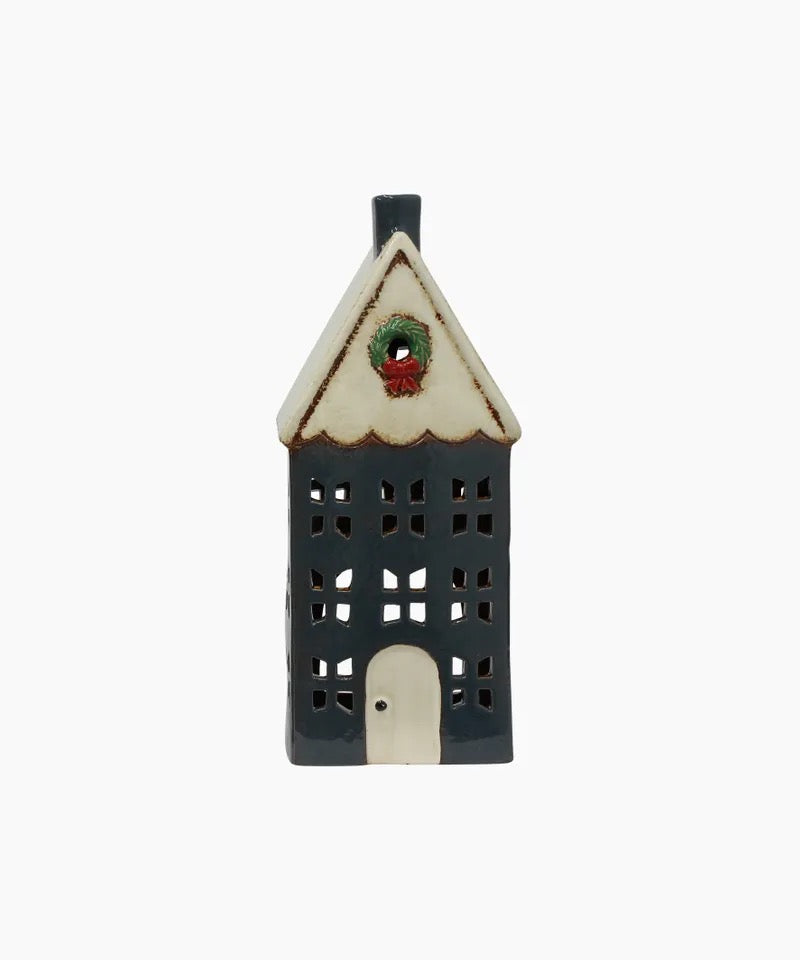 Christmas Tea Light House Blue with Wreath Large