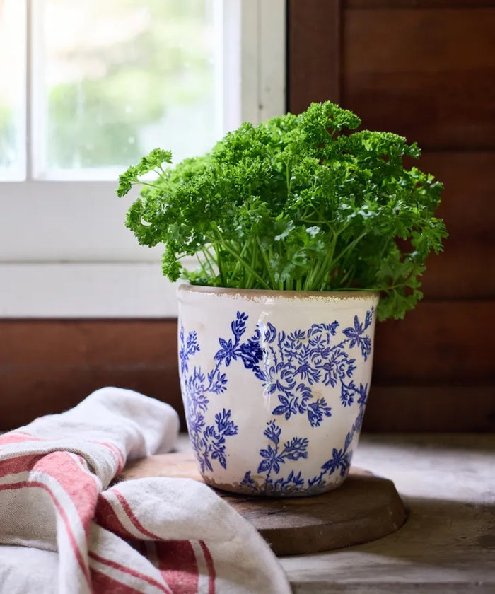 Blue Floral Herb Pot