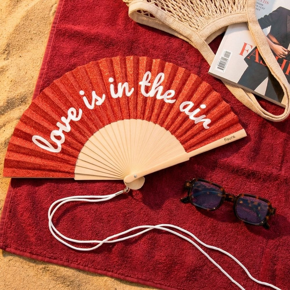 Red Glitter Hand Fan "love is in the air" red glitter