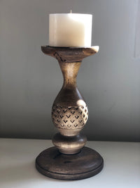 Leo Carved Wood Candle Holder