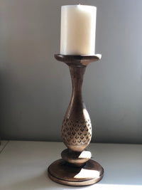 Leo Carved Wood Candle Holder