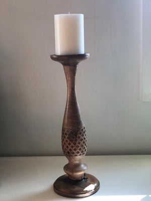 Leo Carved Wood Candle Holder
