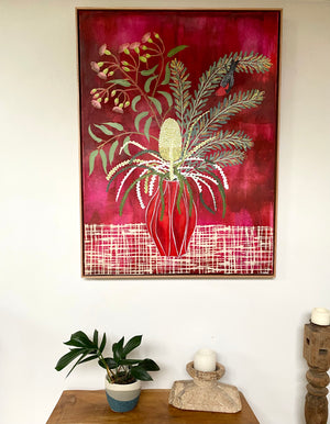 Red Vase with Natives and scarlet Honeyeater